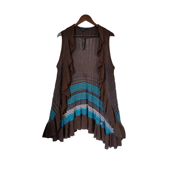 Zac & Rachel Open Front Sleeveless Cardigan Waterfall Ruffle Teal Chocolate S - Picture 8 of 8